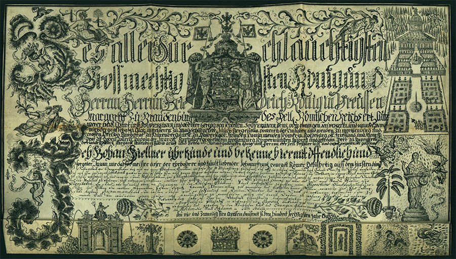 János Hiellner, head gardener of Frederick the Great, king of Prussia, issues a freedman's tag for János Ferenc Konrád Römer, garden apprentice from Halberstadt