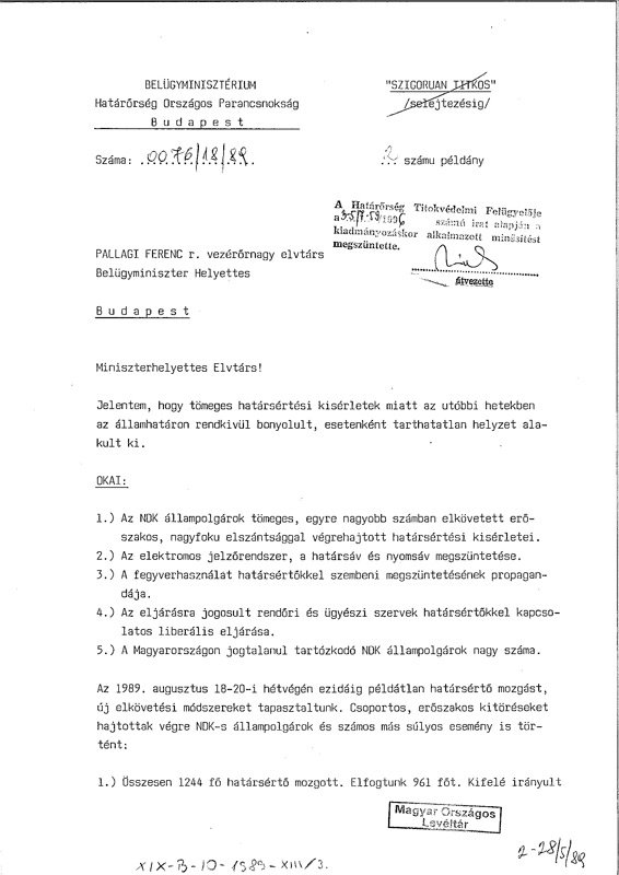 MNL OL–XIX–B–10–1989–XIII-3. 2 August 1989(NAH)Report by the National Headquarters of the Border Guard to the Deputy Minister of the Interior about the growing number of illegal border crossings. In comparison with 1985 when around a thousand illegal border crossers were arrested, in 1989, 15,000 illegal border crossings occurred until August! (1/5)