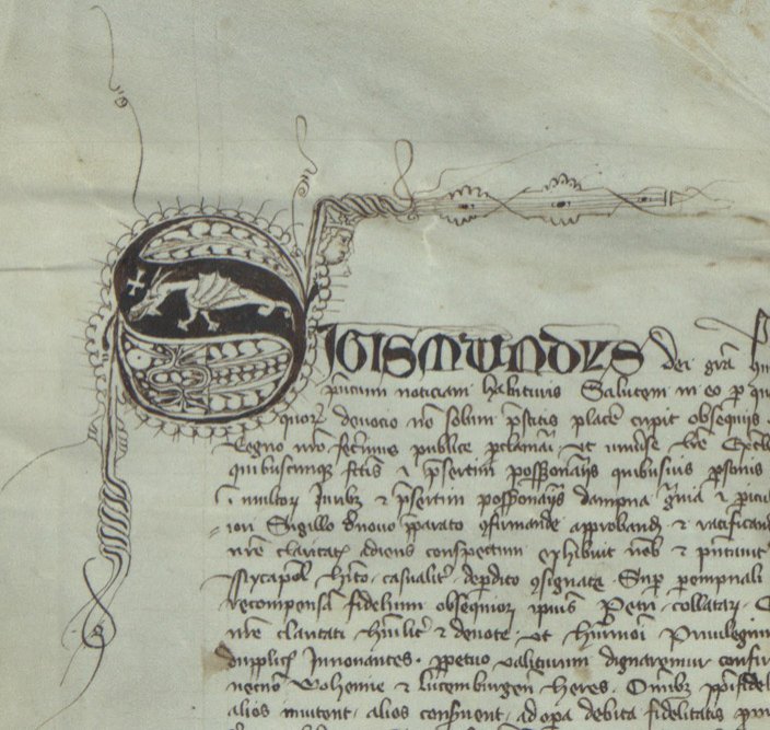 The symbol of the dragon appears in the charters of Sigismund as well as a calligraphic initial. (MNL OL DL 70747.)