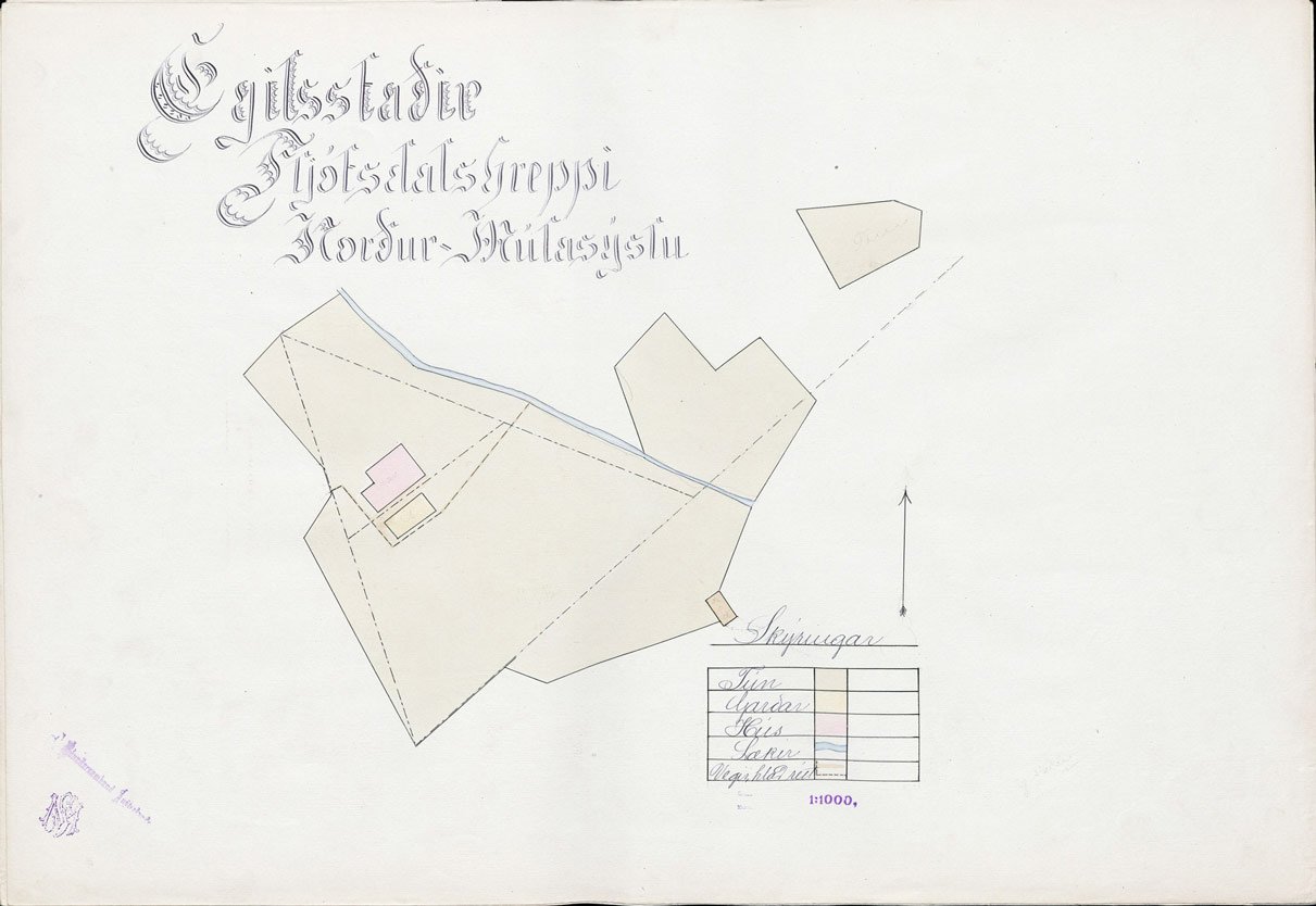 Map of Egilsstadir in Fljotsdals district, North Mula County. Scale 1:1000.